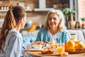 Healthcare, elderly woman with nurse with breakfast at her home and at the table in living room. Support or communication, caregiver and conversation with medical person with senior or old female.