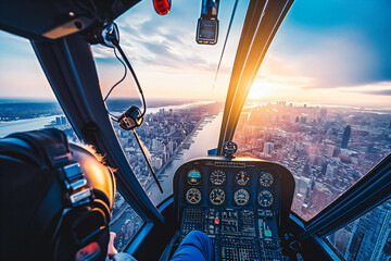 Helicopter pilot flying aircraft over a city, spectacular views