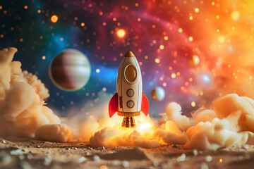 Launch of a red toy rocket on colorful space background, Successful start and discovery concept.