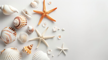 Fototapeta na wymiar beach elements, snails, stars and other marine animals on white background