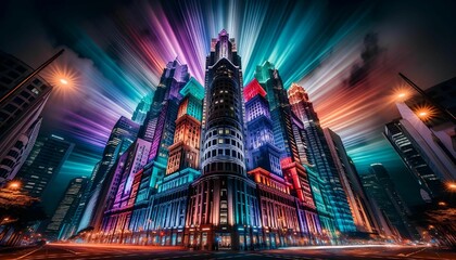 a very tall building with lights on it at night time - obrazy, fototapety, plakaty