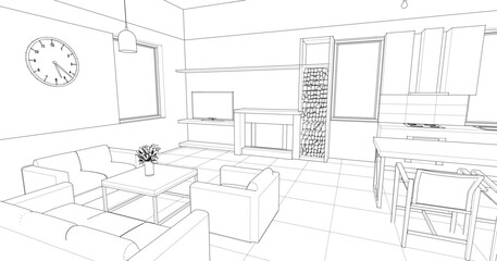 interior kitchen living room 3d illustration	
