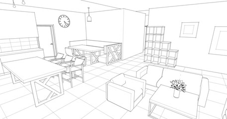 interior kitchen living room 3d illustration	
