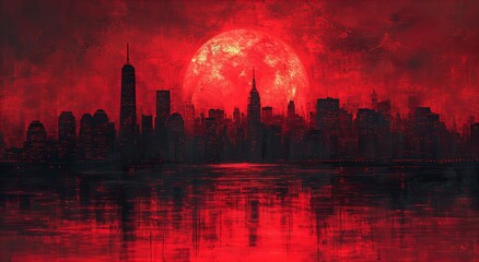 Fototapeta premium City skyline silhouetted against a radiant neon sunset. USA