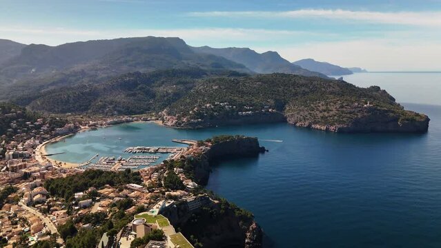 view of the sea from the mountain, drone. footage next to Port de Soller in Mallorca