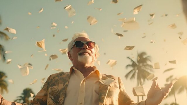 Senior man standing under money fly rain. Jackpot winner in the lottery, rich man under money rain
