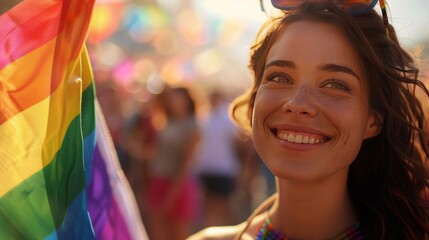 Happy smiling young American woman at gay pride parade. Pride month celebration, Vibrant Street Celebration of LGBT Pride
