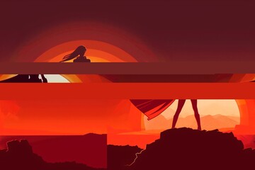 a cartoon of a woman with a cape and a sunset - obrazy, fototapety, plakaty