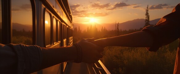 AI generated illustration of a happy couple holding hands out of the train at golden hour