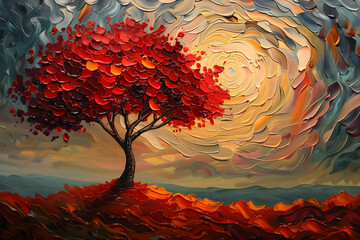 An oil painting of a captivating abstract landscape featuring a stunning red acacia tree