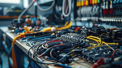 A sophisticated main wiring harness laid out on a workbench, with each wire color-coded and labeled for easy identification during assembly. - obrazy, fototapety, plakaty