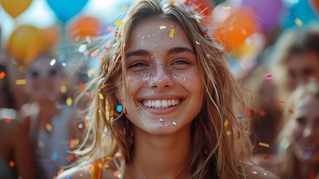 Happy smiling young American woman at gay pride parade. Pride month celebration, Vibrant Street Celebration of LGBT Pride