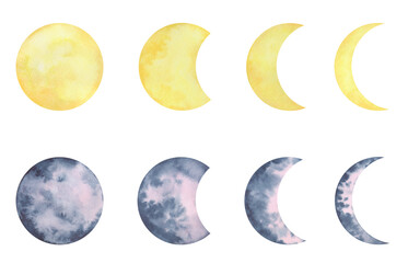A set of different phases of the moon isolated on a white background, watercolor illustration, hand-drawn. A decorative element for design and decoration. Drawing of a satellite, new moon, full moon.