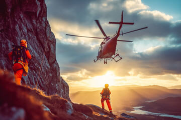 Rescue helicopter rescuer winch descend high up in the air