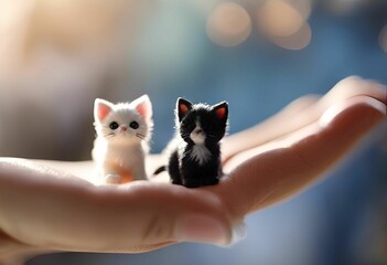 AI generated illustration of adorable kittens sitting on a palm of a hand - obrazy, fototapety, plakaty