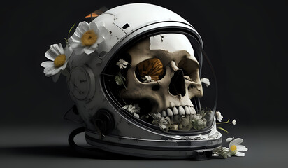 Broken astronaut helmet  Inside the helmet was a skull and beautiful flowers growing