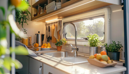 Sunlit and stylish camper van kitchen designed for efficient and cozy travel living.