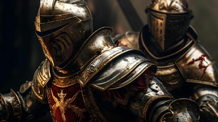 two knights standing close together in armor with their faces glowing in warm light