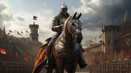 AI generated illustration of a medieval knight in armor sitting on a horse during a tournament - obrazy, fototapety, plakaty