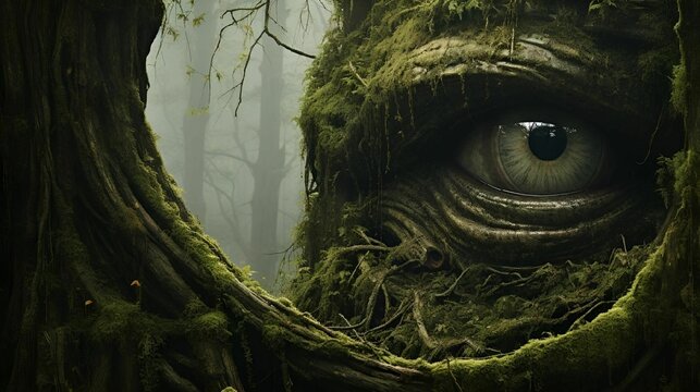 the eye of a creepy monster in a dark forest with fog