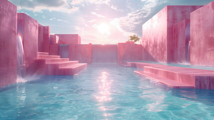 Surreal pink architecture with waterfalls and reflective pool