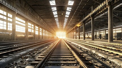 Fototapeta na wymiar Railroad Tracks Inside Industrial Warehouse at Sunset Generative AI