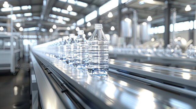 Plastic Water Bottles on Conveyor Belt in Industrial Factory Generative AI