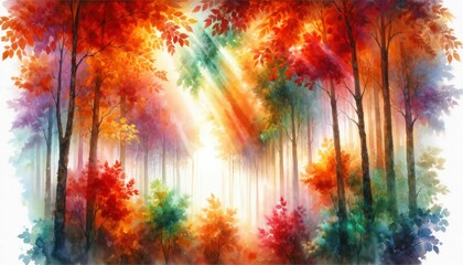 Watercolor landscape of a mystical forest with sunbeams piercing through colorful autumn trees, invoking a serene, dreamlike quality.