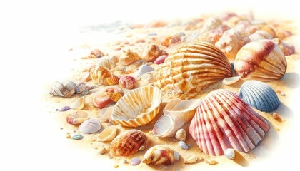 A collection of various seashells scattered on sandy beach depicted in a delicate watercolor illustration, highlighting textures and warm tones.