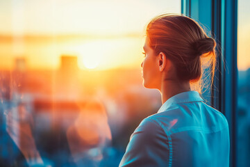 Young businesswoman looking through window of his office, bright future. Sunset light.