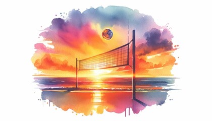Dynamic watercolor illustration of a volleyball net on a beach against a backdrop of a stunning sunset sky.