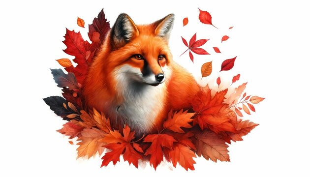 An illustration of a red fox encircled by a variety of vibrant, colorful autumn leaves, capturing the essence of the fall season.