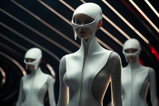 An AI illustration of a group of mannequin wearing white suits with red accents