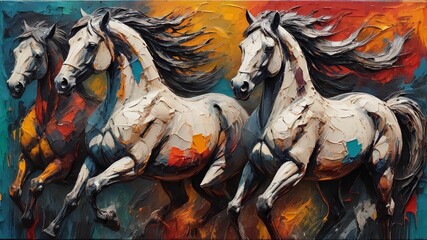 A painting of abstract oil. Art painting, gold, horse, canvas, wall art, modern artwork, paint spots, paint strokes, knife painting, large stroke painting, mural, black, white.Ai generative