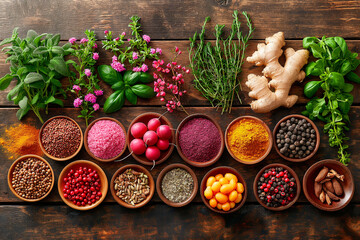 A variety of mediterranean spices and herbs in different shapes, colors and textures artfully arranged on a rustic wooden table - obrazy, fototapety, plakaty