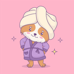 Cute dog in bathrobe and with towel on his head after bath time. Funny cartoon kawaii character animal. Vector illustration. Kids collection