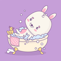 Cute white rabbit rests in bubble bath with rubber duck. Funny relaxed in bathroom cartoon kawaii animal character bunny. Vector illustration. Kids collection