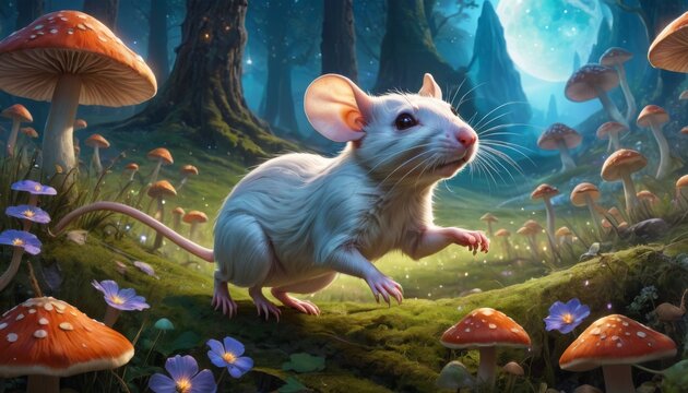 An adorable white mouse with large ears scurries across a magical forest floor, surrounded by towering mushrooms and glowing flora under a moonlit sky.. AI Generation