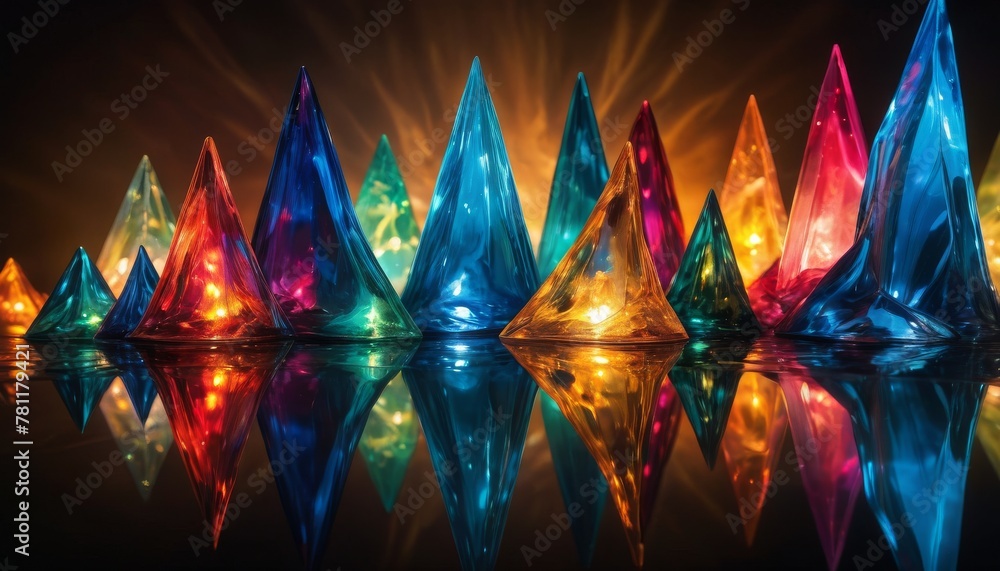 Poster a mesmerizing arrangement of colorful crystal formations, reflecting light in a dark setting to crea