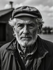 AI generated illustration of a monochrome portrait of an older male in a hat
