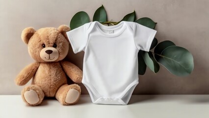 White cotton baby short sleeve bodysuit, toy teddy bear and eucalyptus branch on white ivory blanket throw background. Blank infant onesie mockup template. Top view