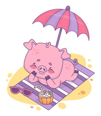 Happy piglet sunbathing resting on beach towel under sun umbrella with coconut summer cocktail. Funny relaxing animal character. Vector illustration.