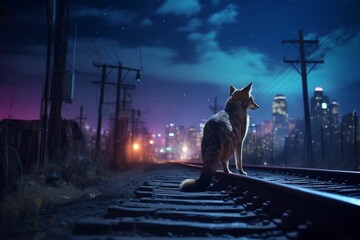 A coyote perched atop a metal railroad track looking across a cityscape illuminated by the moonlight