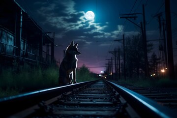 a coyote sits on a railroad track illuminated by a bright full moon on a clear night