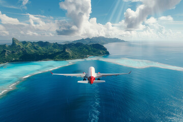 An airplane flying over the ocean with a tropical island