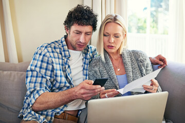 Laptop, house and bills for man, woman and reading in living room, phone and loan, debt and...
