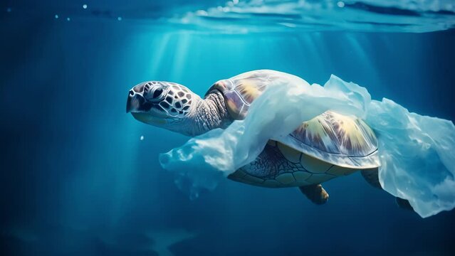 Plastic pollution is an environmental problem in the oceans. Turtle stuck in plastic bag, save ocean concept. Underwater concept of global problem with plastic waste floating in the ocean	