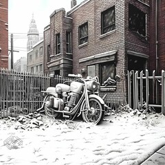 the motorcycle is parked by a brick house in the snow