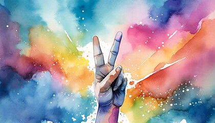 Hand doing the Peace sign, watercolor illustration - obrazy, fototapety, plakaty