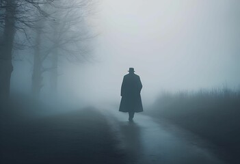 the person in the foggy image is wearing a coat and hat - obrazy, fototapety, plakaty